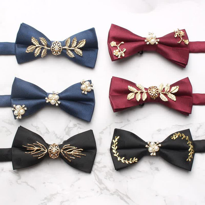 Men's Gold Leaves Pearl Floral Bow Tie - image 0