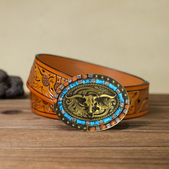 Men's DIY Turquoise Wood Bead Bull Buckle Leather Belt - Gold - Orange Carved Belt (115 cm/46 inch) - image 22