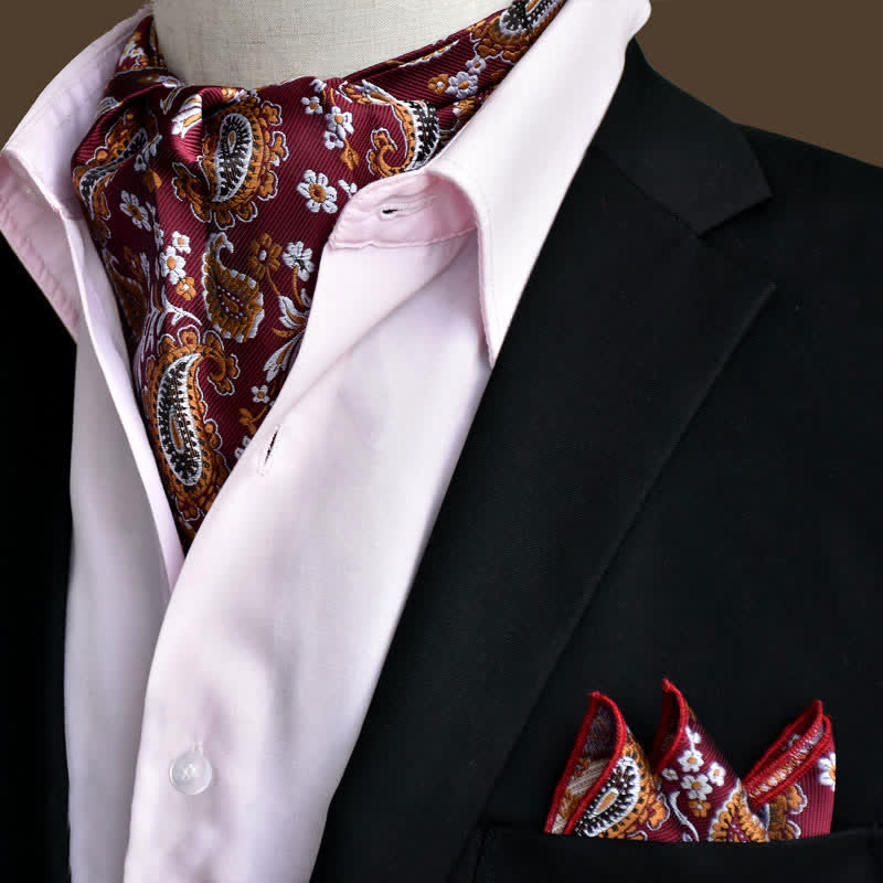 2Pcs DarkRed Luxury Floral Paisley Pocket Square and Cravat Set - DarkRed - image 0