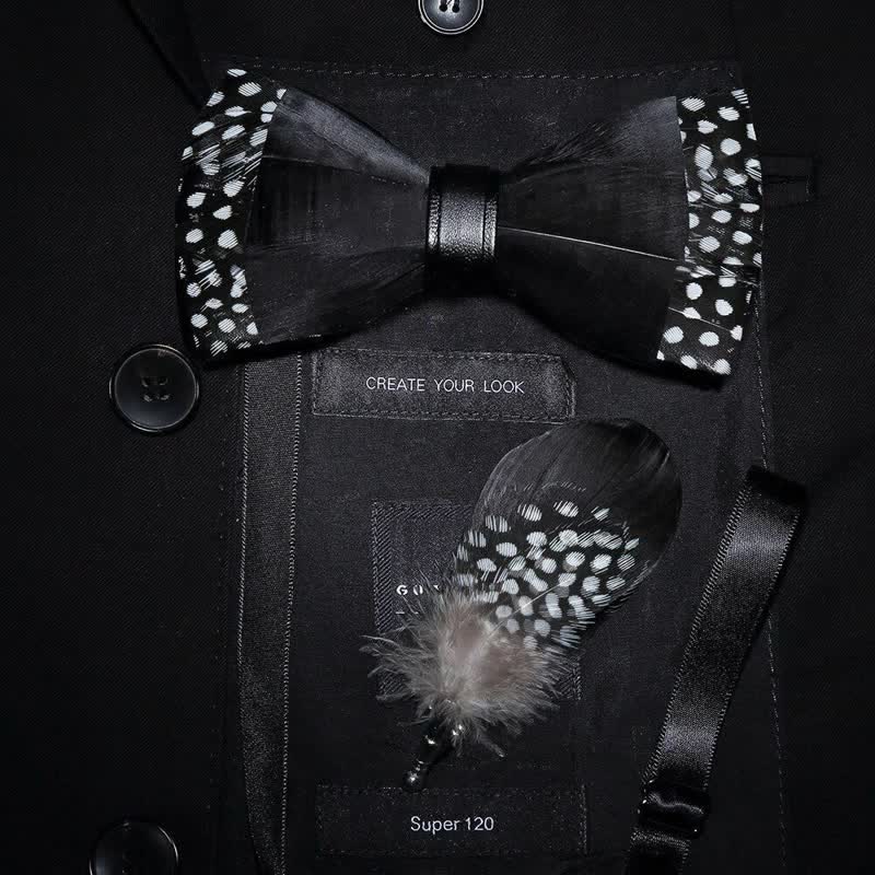 Black Polka-dotted Feather Bow Tie with Lapel Pin - Adult - image 0