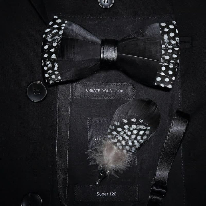 Black Polka-dotted Feather Bow Tie with Lapel Pin - Adult - image 0