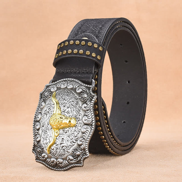 Men's Punk Rivet Gold Longhorn Bull Leather Belt - Black - 44 - image 6