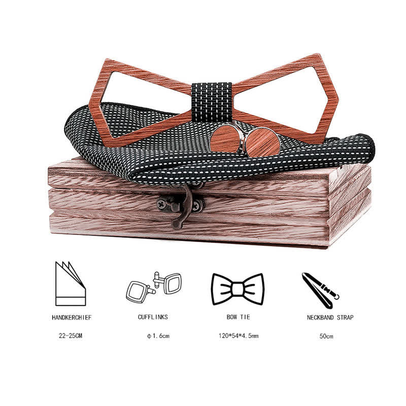 3Pcs Men's Hollow Carved Design Wooden Bow Tie Set - image 7