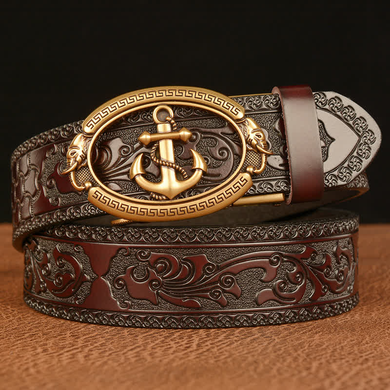 Men's Nautical Anchor Buckle Leather Belt - Gold & Brown - 46 - image 0