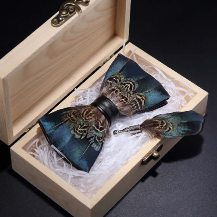 Green & Brown Vintage Feather Bow Tie with Lapel Pin - image 2