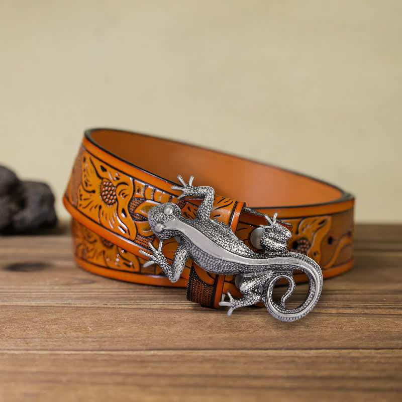 Men's DIY Unique Animal Silver Lizard Buckle Leather Belt - Lizard - Orange Carved Belt (40) - image 16