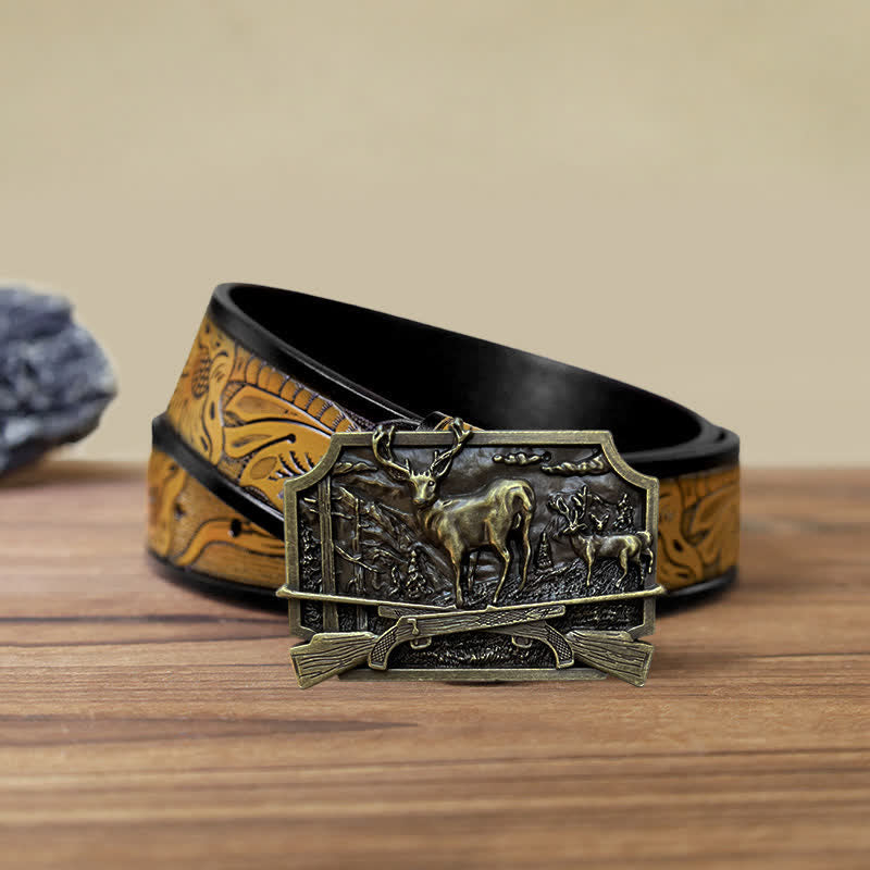 Men's DIY Deer Shotgun Hunter Buckle Leather Belt - Antique Bronze - SandyBrown Belt (40) - image 20