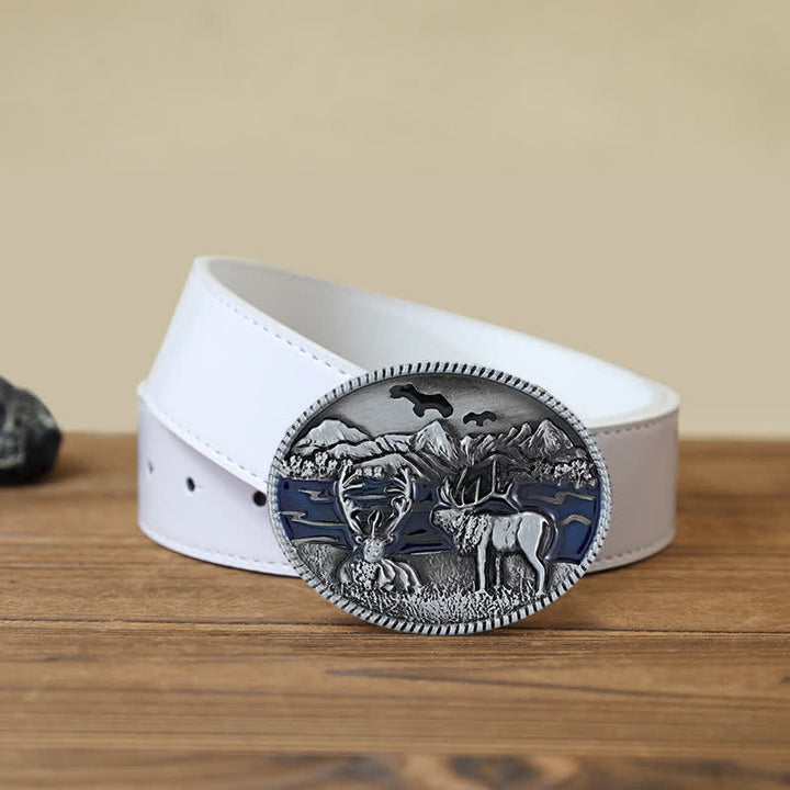 Men's DIY Enamel Wild Life Deer Buckle Leather Belt - Antique Silver - White PU Belt (40) - image 4