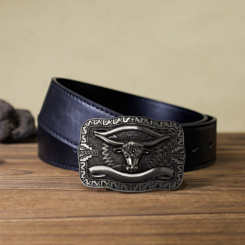 Men's DIY Silver Square Longhorn Bull Buckle Leather Belt - Bull Head - Black PU Belt (40) - image 4
