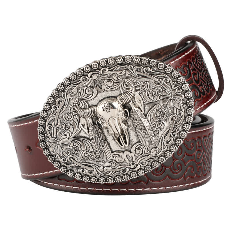 Men's Engarved Feather Bull Jeans Leather Belt - Style #1 - Brown / Silver - 46 - image 13