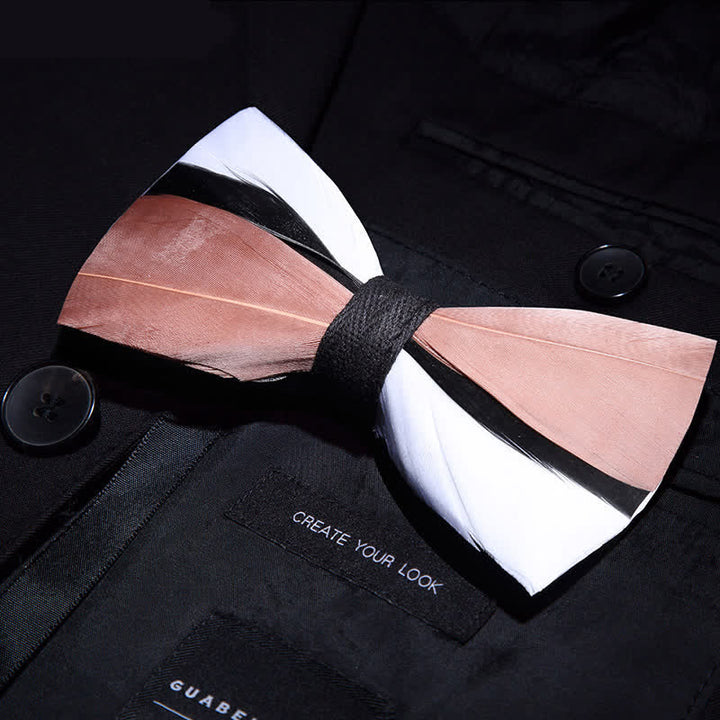Pale Pink & White Wavy Feather Bow Tie with Lapel Pin - image 1