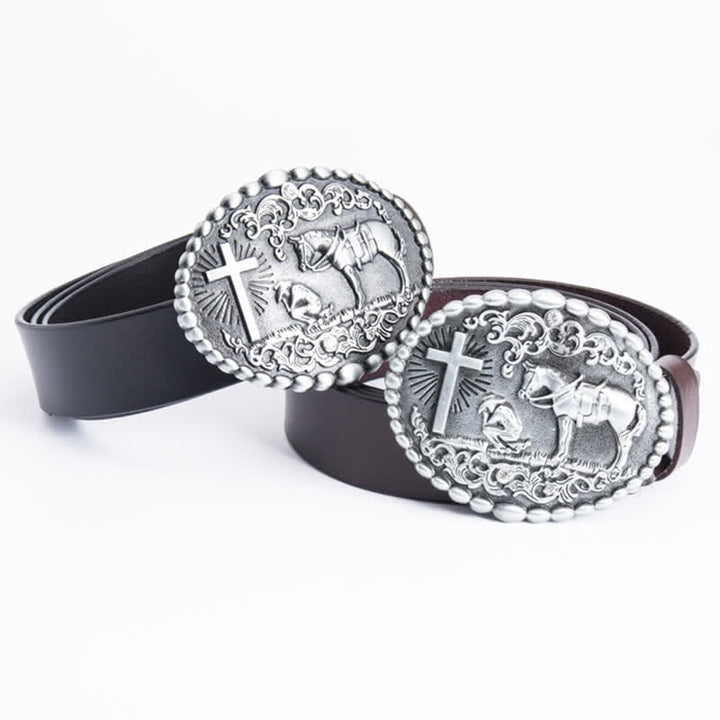 Men's Steed Cross Kneeling Prayer Leather Belt - image 0