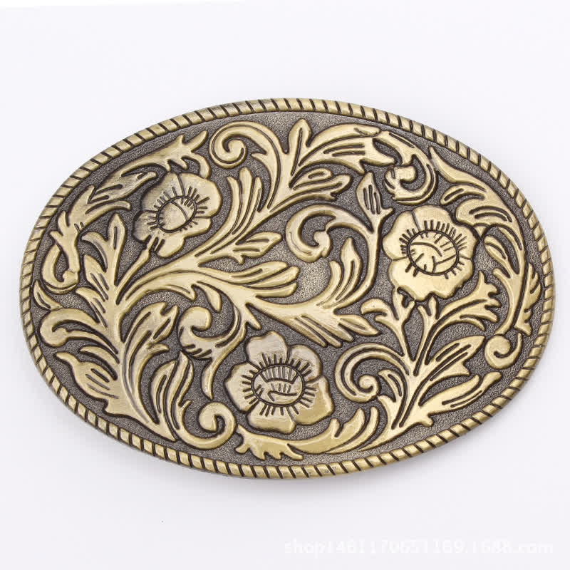 Men's DIY Classical Floral Oval Buckle Leather Belt - Antique Bronze - Without Belt - image 2
