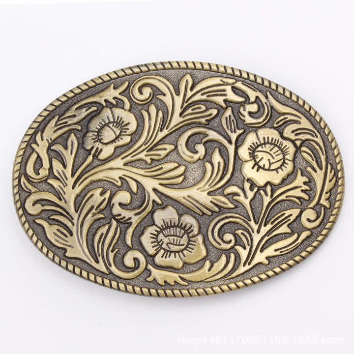 Men's DIY Classical Floral Oval Buckle Leather Belt - Antique Bronze - Without Belt - image 2
