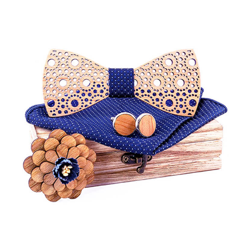 4Pcs Men's Round Hollow Wooden Bow Tie Set - Navy Checks - image 6