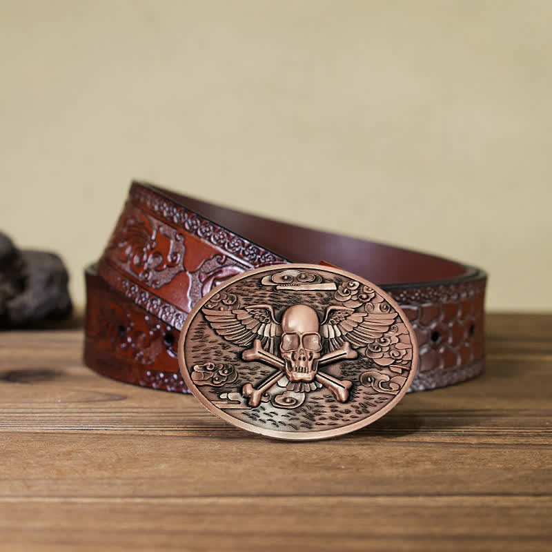 Men's DIY Skull Angel Creative Beer Holder Buckle Leather Belt - Copper - Brown Carved Belt (40) - image 26