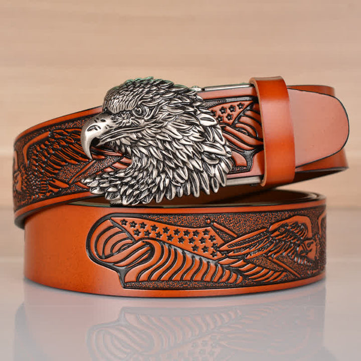 Men's Intricate Eagle Head Automatic Buckle Leather Belt - Brown / Silver - 46 - image 22