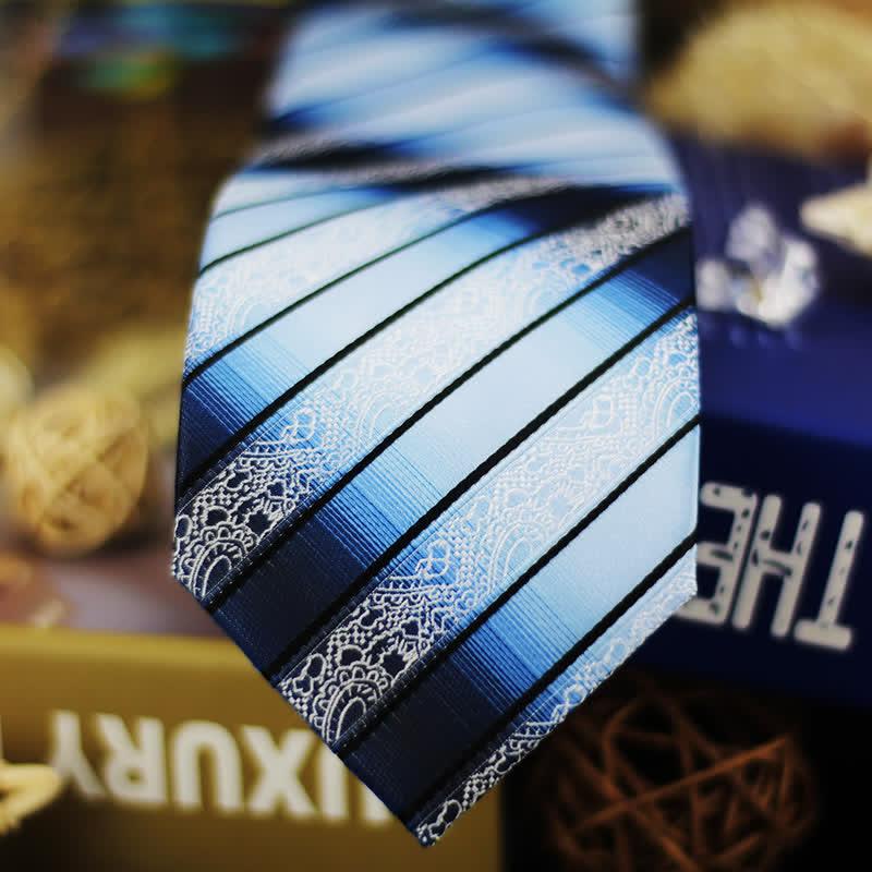 Men's Shade of Blue Gradient Paisley Striped Necktie - image 3
