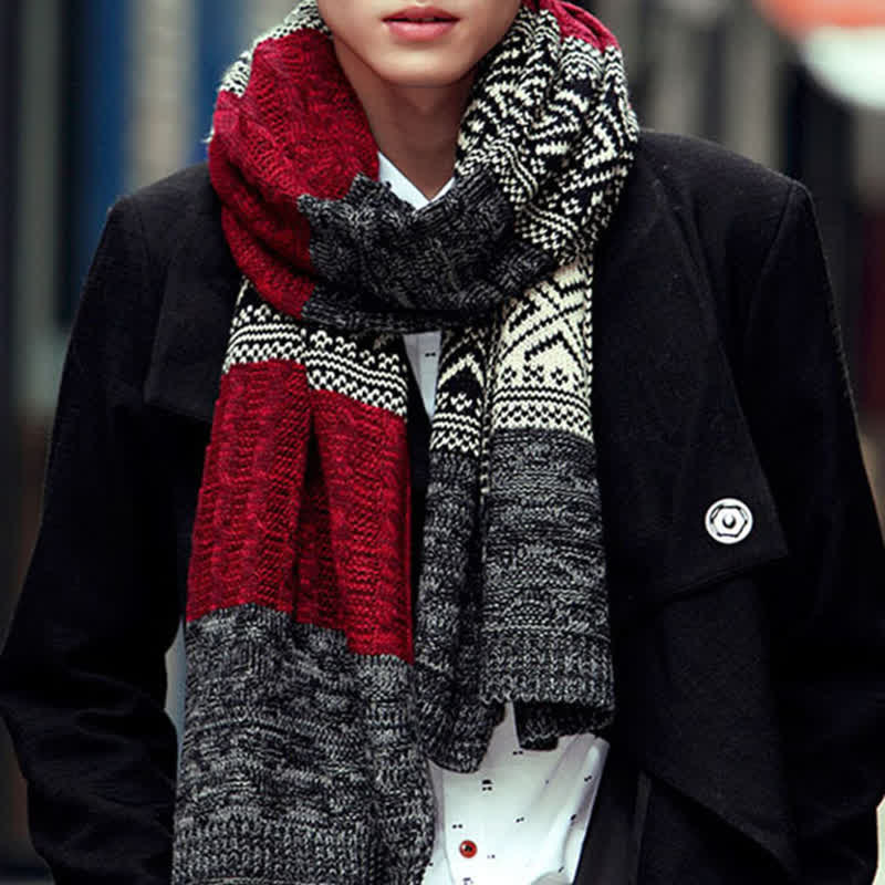 Men's Argyle Knitted Stitching Color Block Scarf - Black - image 0