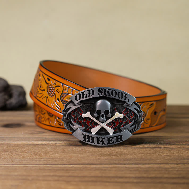 Men's DIY Skull Biker Cross Bone Buckle Leather Belt - Skull - Orange Carved Belt (40) - image 14