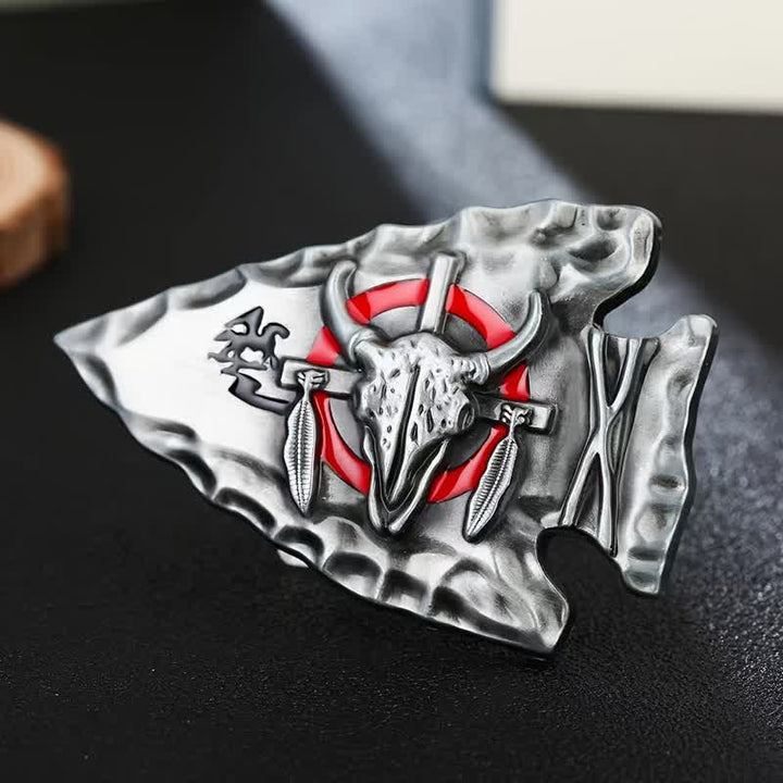Men's DIY Arrowhead Shaped Bull Buckle Leather Belt - Antique Silver - Without Belt - image 0