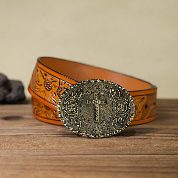 Men's DIY Carved Cross Flower Buckle Leather Belt - Cross - Orange Carved Belt (40) - image 14