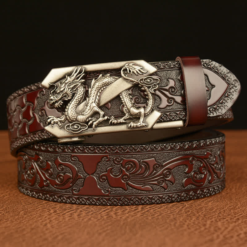 Men's Embossing Retro Dragon Z Letter Leather Belt - Silver & Brown - 46 - image 10