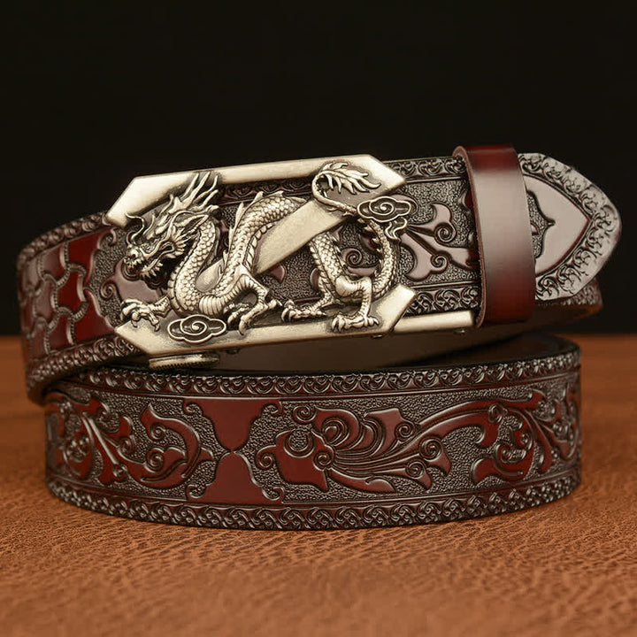 Men's Embossing Retro Dragon Z Letter Leather Belt - Silver & Brown - 46 - image 10