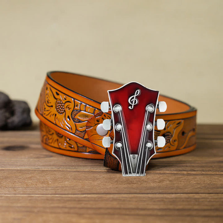 Men's DIY Musical Guitar Headstock Buckle Leather Belt - Red - Orange Carved Belt (40) - image 32