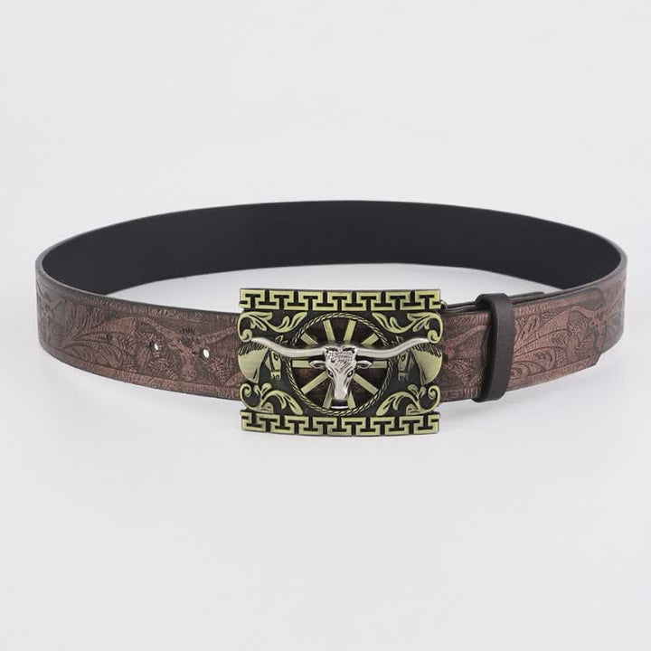 Men's Bronze Hollow Cattle Bull Buckle Leather Belt - image 2