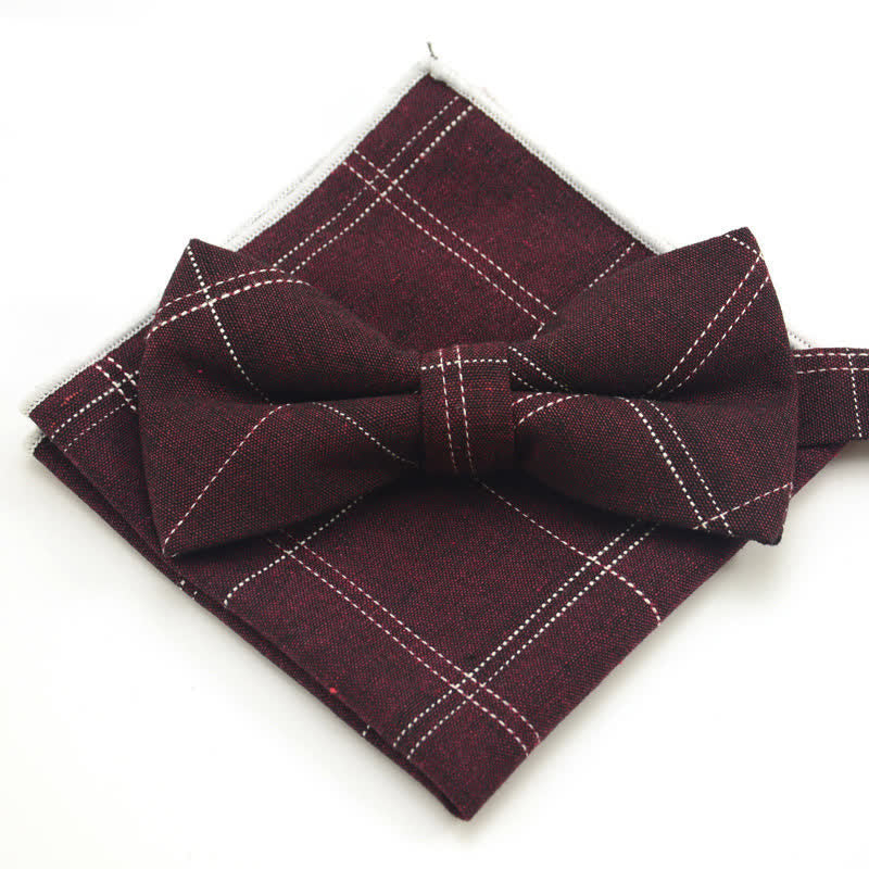 2Pcs Men's Classic Plaid Bow Tie Set - Burgundy - image 5