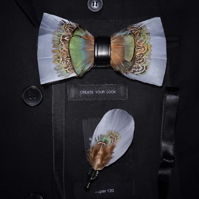 Gray & Green Gentleman Feather Bow Tie with Lapel Pin - Gray & Green - image 0