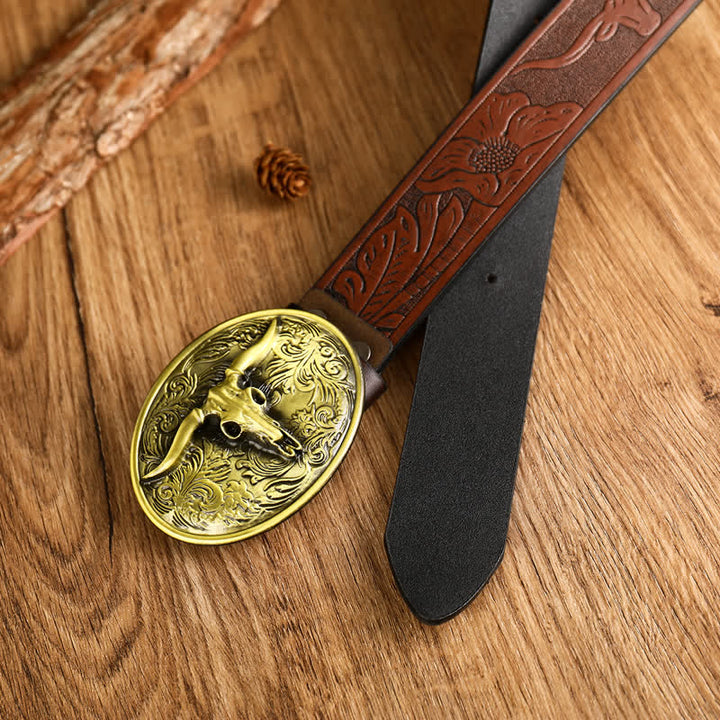 Men's Vintage Floral Longhorn Bull Leather Belt - image 9