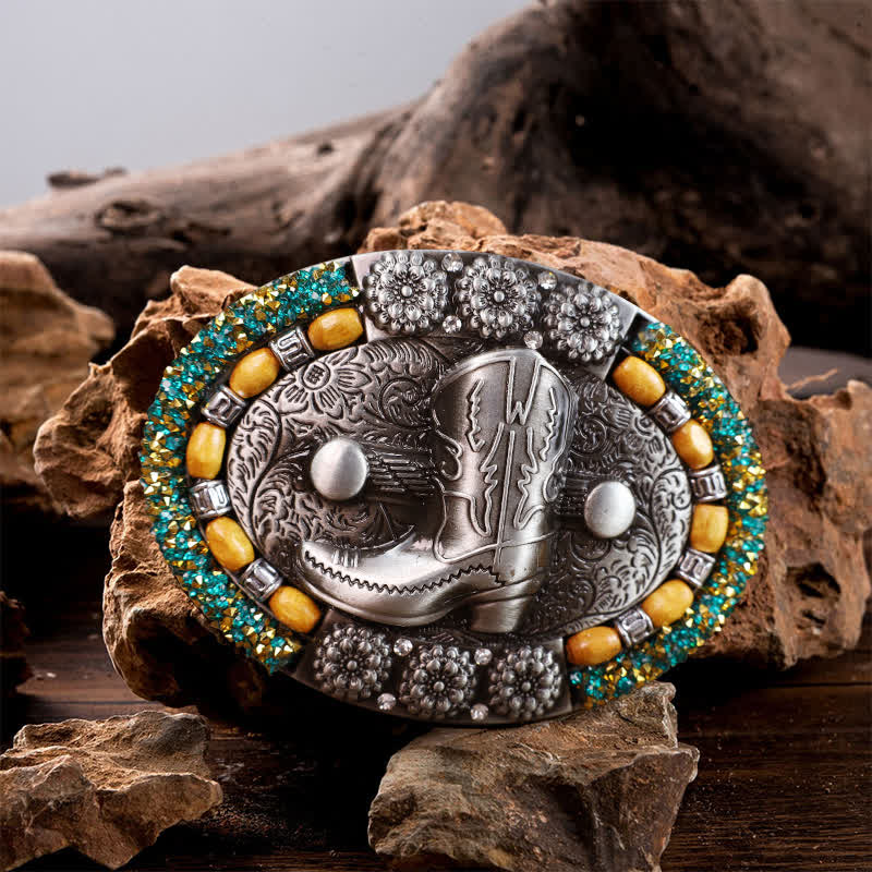 Men's DIY Wood Bead Rhinestone Boot Buckle Leather Belt - Boot - Without Belt - image 0