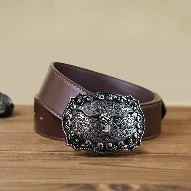 Men's DIY Longhorn Bull Antiqued Silver Buckle Leather Belt - Silver - Brown PU Belt (40) - image 10