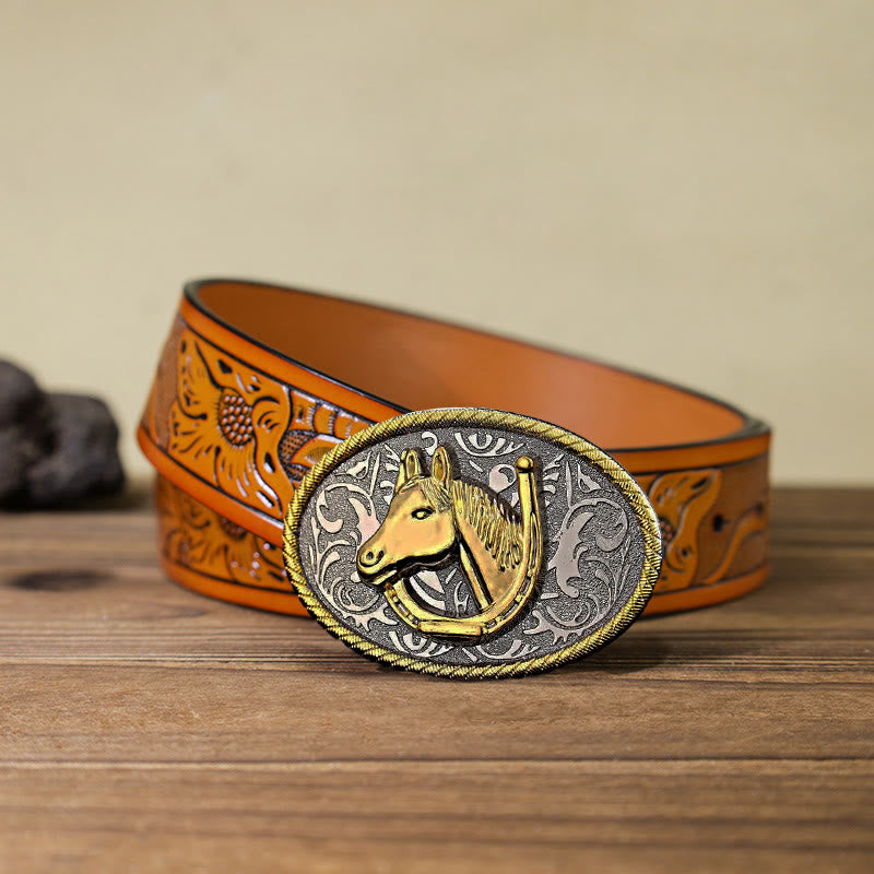 Men's DIY Golden Horseshoe Buckle Leather Belt - Horseshoe - Orange Carved Belt (40) - image 13