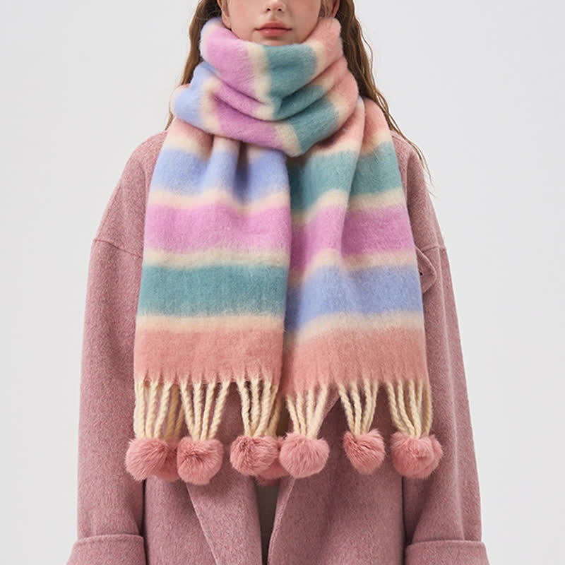 Women's Rainbow Color Striped Tassel Scarf - image 4