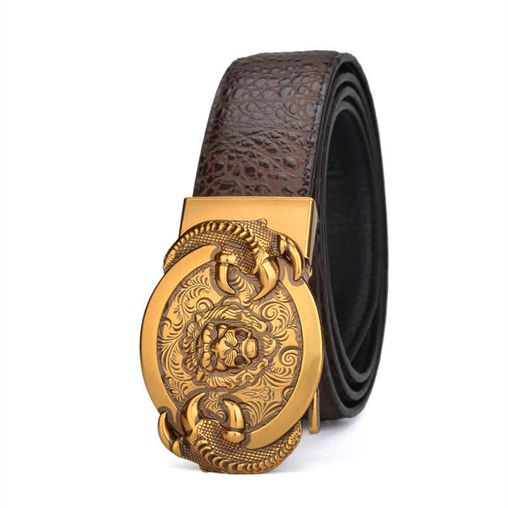 Men's Savage Lion Crocodile Pattern Automatic Leather Belt - Coffee - 46 - image 0