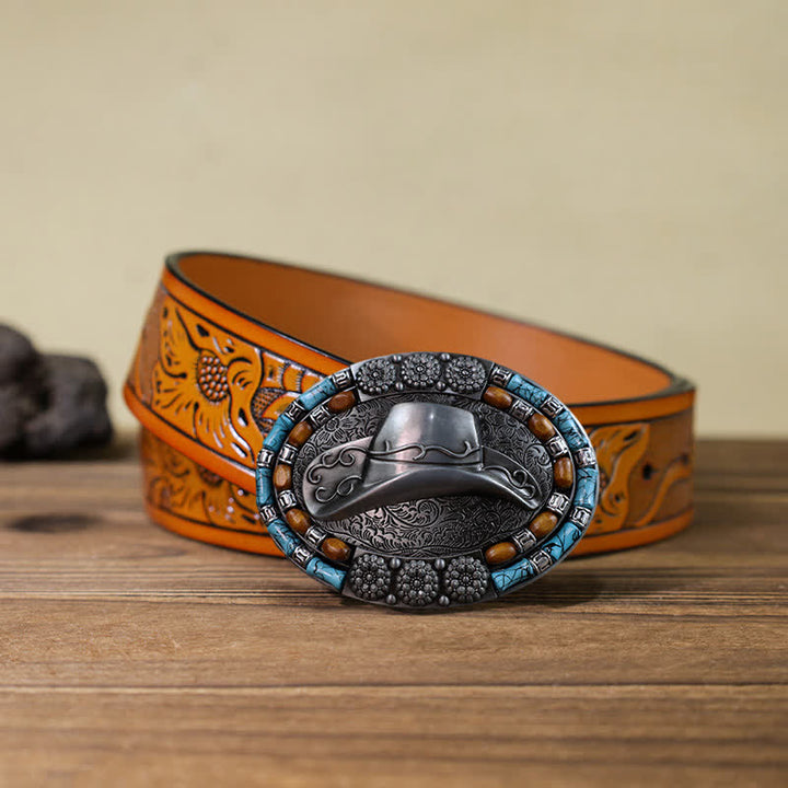 Men's DIY Cowboy Hat Turquoise Stone Buckle Leather Belt - Hat - Orange Carved Belt (40) - image 14
