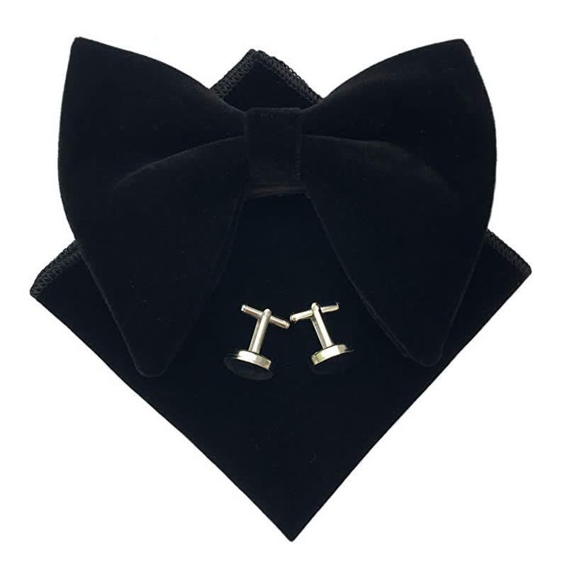 3Pcs Men's Velvet Oversized Pointed Bow Tie Set - Black - image 3
