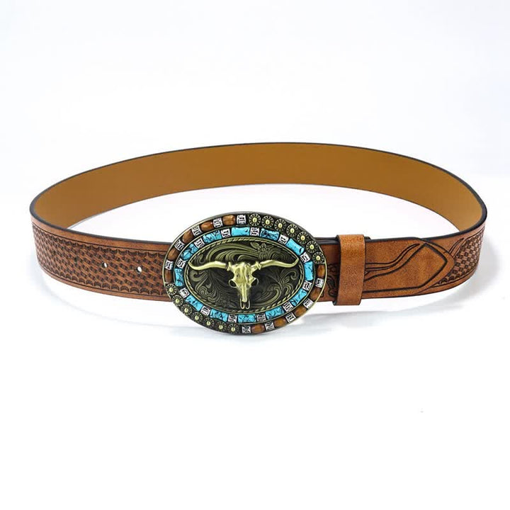 Men's Western Cowboy Turquoise Bull Leather Belt - image 9