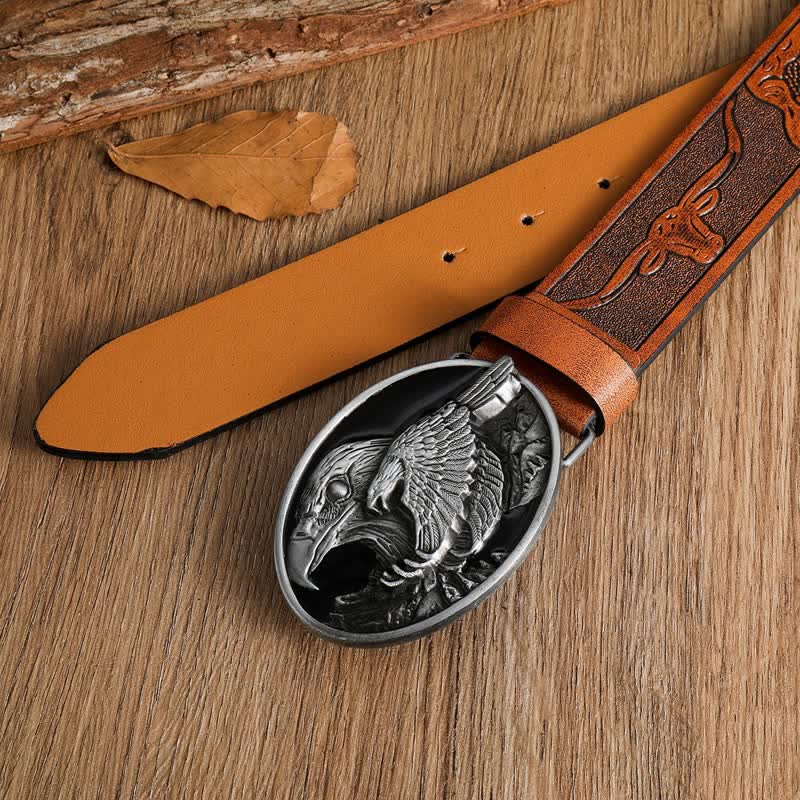 Men's Carved Bald Hawk Eagle Buckle Leather Belt - image 1