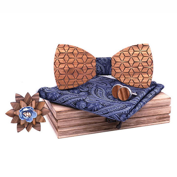 4Pcs Men's Geometric Carving Wooden Bow Tie Set - Navy Paisley - image 8