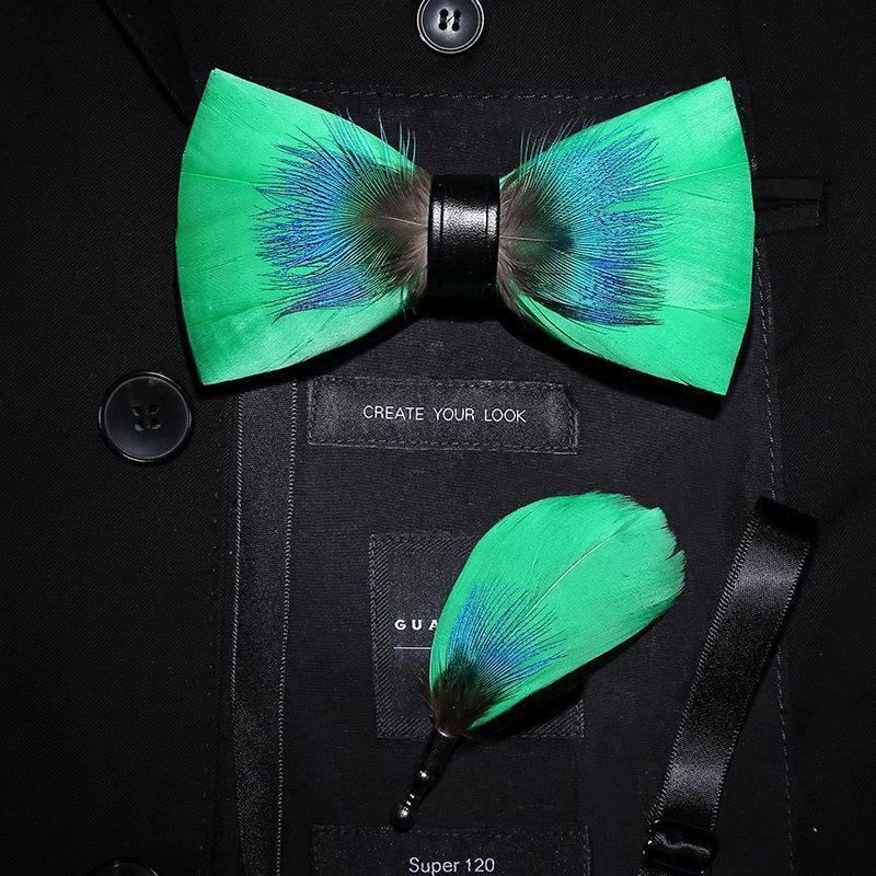 Blue & Green Novelty Feather Bow Tie with Lapel Pin - Adult - image 0