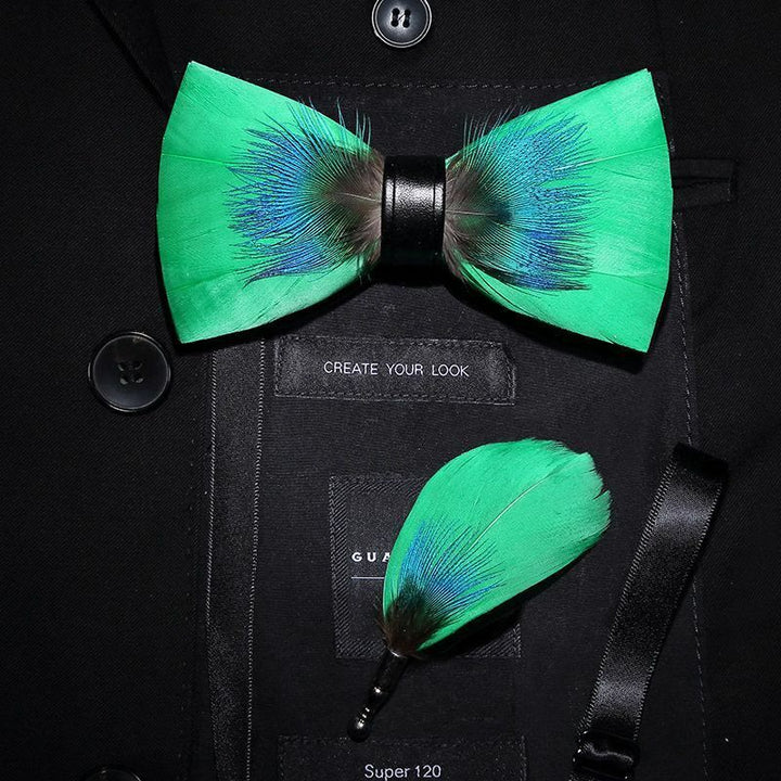 Blue & Green Novelty Feather Bow Tie with Lapel Pin - Adult - image 0