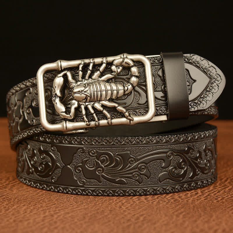 Men's Scorpion Embossed Engraved Leather Belt - Silver & Black - 46 - image 13
