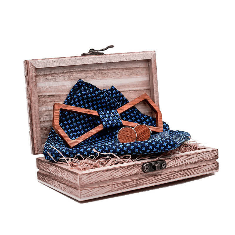 3Pcs Men's Hollow Carved Design Wooden Bow Tie Set - image 1