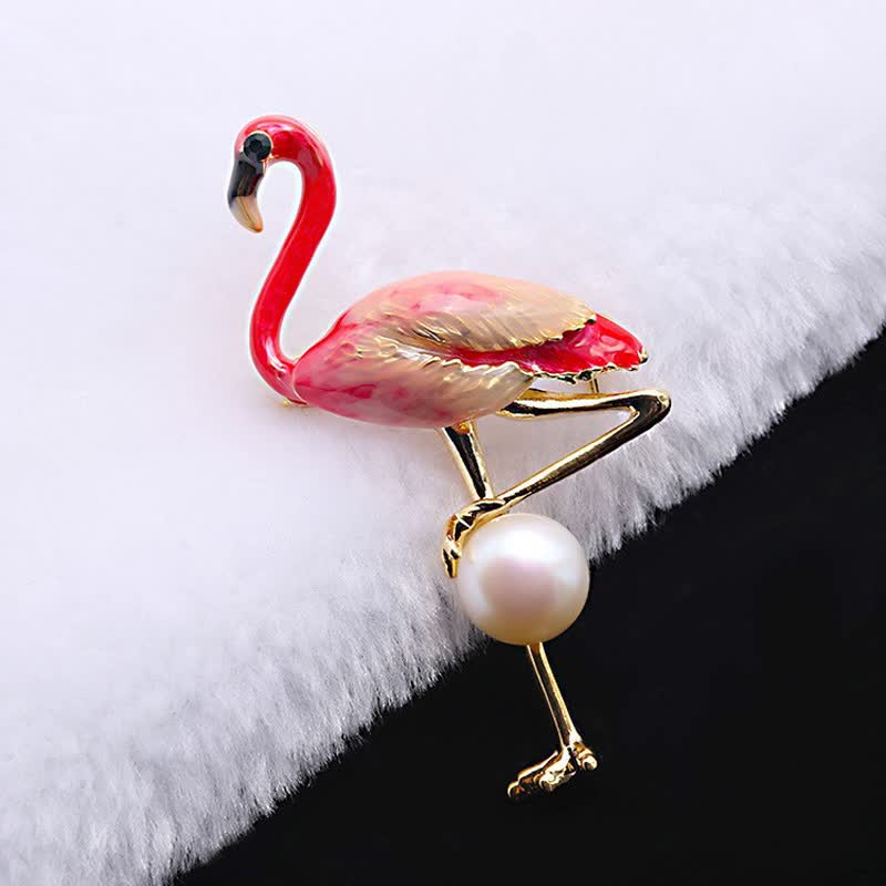 Women's Enameled Flamingo With Pearl Brooch - image 2