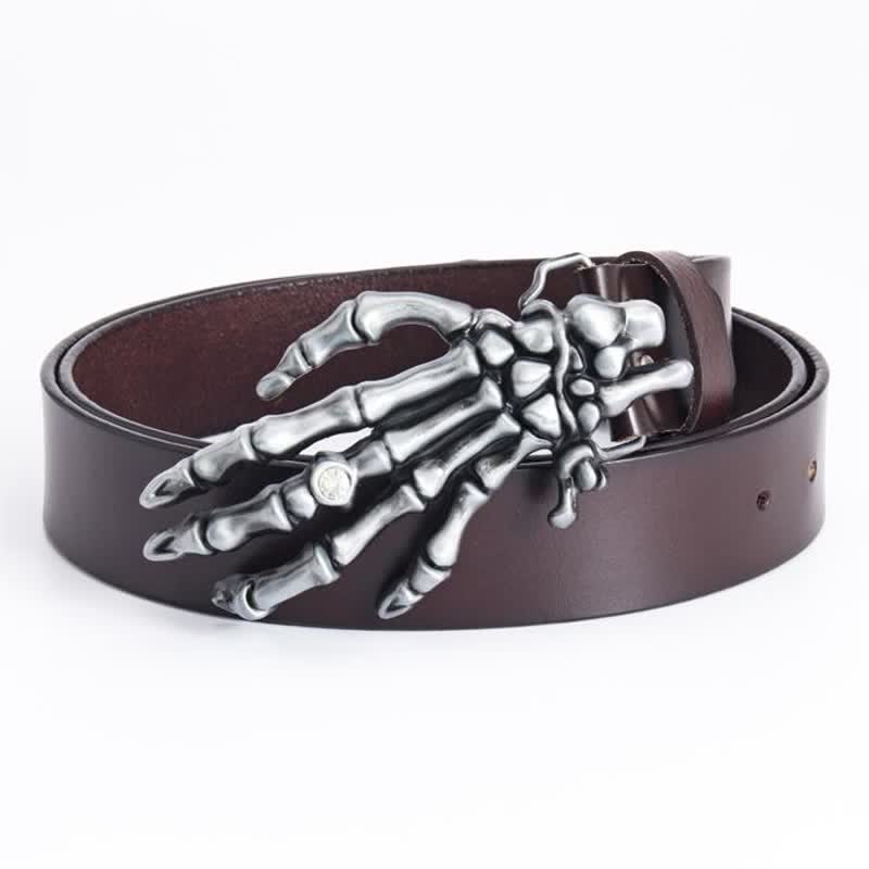 Men's Rock Punk Skeleton Hand Leather Belt - Brown - 44 - image 0