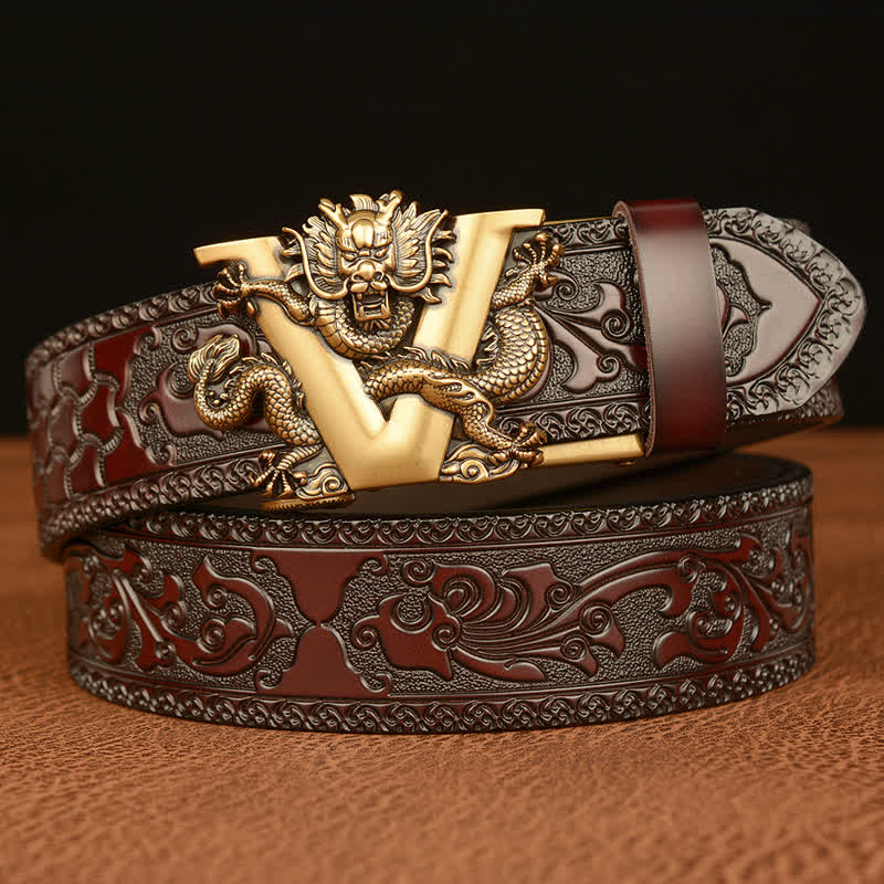 Men's Letter V Dragon Embossing Leather Belt - Gold & Brown - 46 - image 0